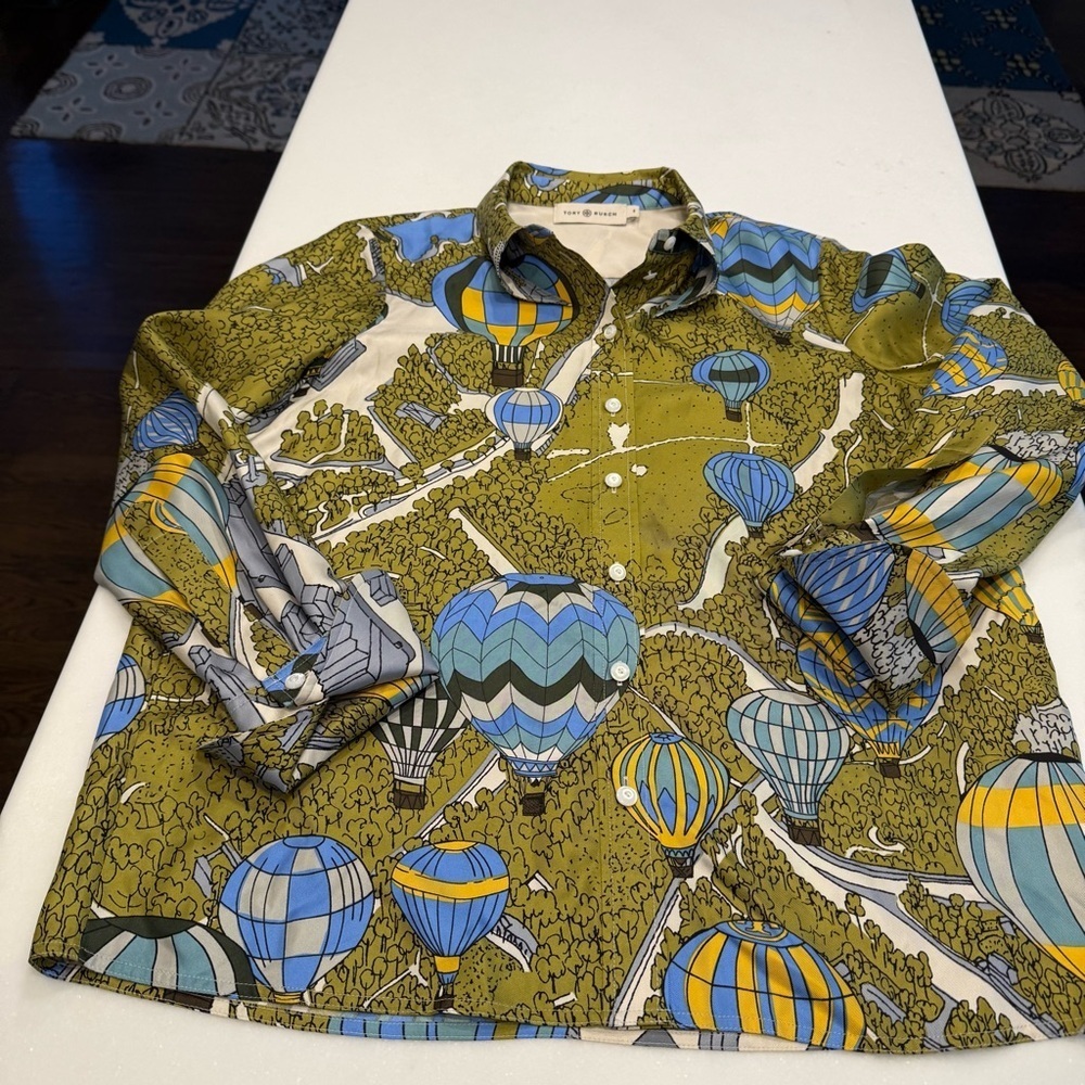 Tory Burch Green and Blue Hot Air Balloon Print Silk Twill Blouse Size 8 EUC - Picture 10 of 15